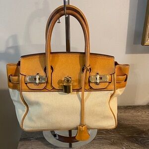 XXI SECOLO Vintage Berkin Style Canvas Tan Leather Satchel Gold Lock Made Italy